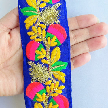 Royal Blue Art Silk Fabric Trim With Red, Pink, Green